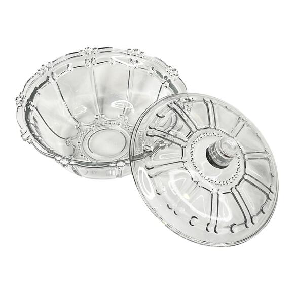 Vintage CANDY DISH 7” Clear Glass Bowl & Lid KIG Kedaung Oyster Pearl Beaded - Picture 3 of 7